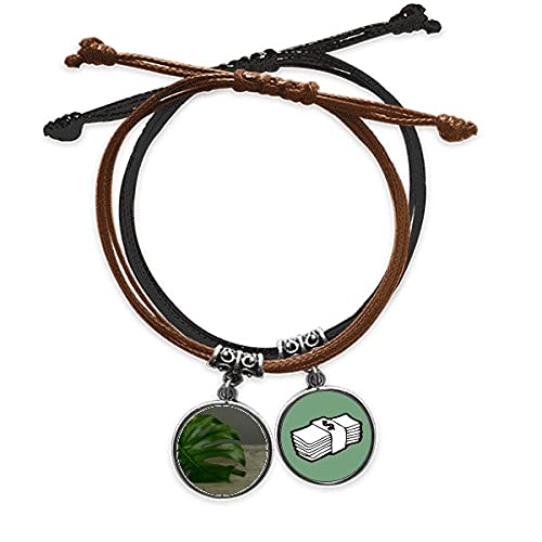 Pulsera cuero ajustable que no aprieta con cadena de cuerda y motivo hoja