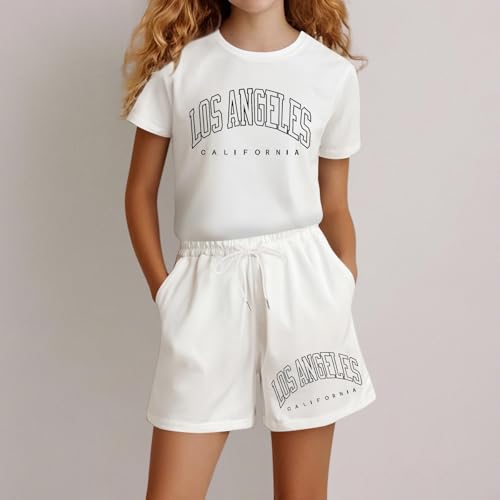 Girl's 2 Piece Outfits California Letter Print Graphic T Shirts and Elastic Waist Shorts Casual Summer Clothing Sets 3-14T3