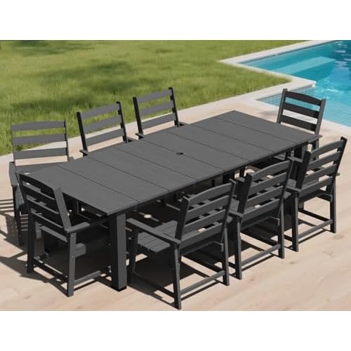 LOUNZY 9 Pieces Patio Dining Sets, 90'' Table Outdoor HDPE Furniture Set w/ 2" Hole Cut-Out Dining Table with 8 Patio Chairs for Lawn, Pool and Yard, Black 9 Dining Sets Black