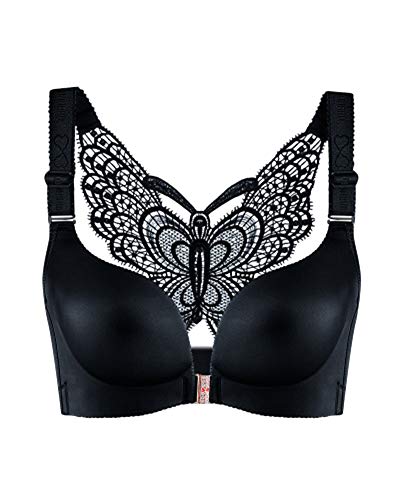 Shaoyao Mujer Sujetadores Brillante Todos Los Dias Push Up Cierre Frontal Invisible Espalda De Mariposa V Busto Bajo Cómodo Bra Negro 40/90B Cover