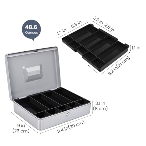 Flexzion Caixa de dinheiro SAFECash com bandeja de dinheiro e cadeado – Caixa de metal para pequenas