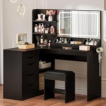 Furmax Vanity Desk with Mirror, L Shape Vanity, LED Lighted Mirror, with Power Outlet and 3 Storage Shelves, Makeup Table with 5 Drawers, 3 Color Modes, for BedroomBlack