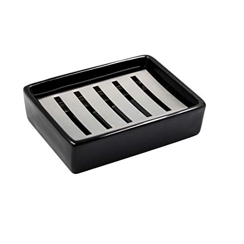 US304 - Jabonera de cerámica de acero inoxidable para cuarto de baño, color negro, doble capa, toallero autodrenante, no con jabón suave, limpieza fácil Cover