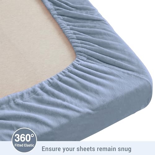 Image of Viviland Plush Microfleece Queen Bed Sheet Set, Dusty Blue | Soft Flannel-like Fleece, 100% Polyester, Fluffy Velvety Feel, 200GSM, 15 inch Deep Pocket, Warm Winter Gift & Decor