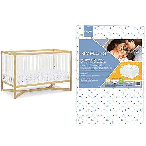 Image of Delta Children Tribeca 4-in-1 Baby Convertible Crib + Simmons Kids Quiet Nights Crib and Toddler Mattress Made from Recycled Water Bottles/GREENGUARD Gold Certified [Bundle], Bianca White/Natural