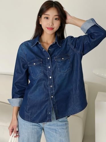 Image of Stylish Denim Shirt for Women Regular Fit Solid Blue Collared Neck Button Down Full Sleeve Casual Wear Girls and Ladies Shirt 36