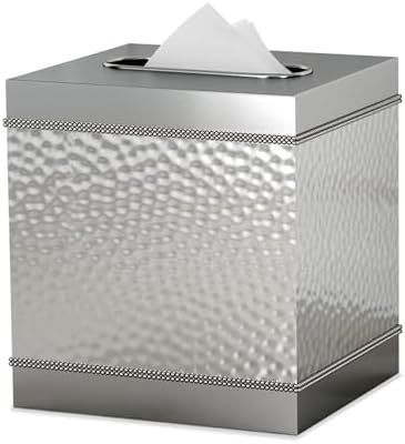 nu steel Square Metal Paper Facial Tissue Box Cover Holder for Bathroom Vanity Countertops, Bedroom Dressers, Nightstands, Desks and Tables- Hammered/Shiny Finish, image 5