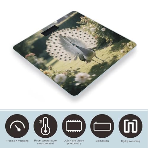 Báscula digital de baño gris y blanca con diseño de pavo real miniatura 3