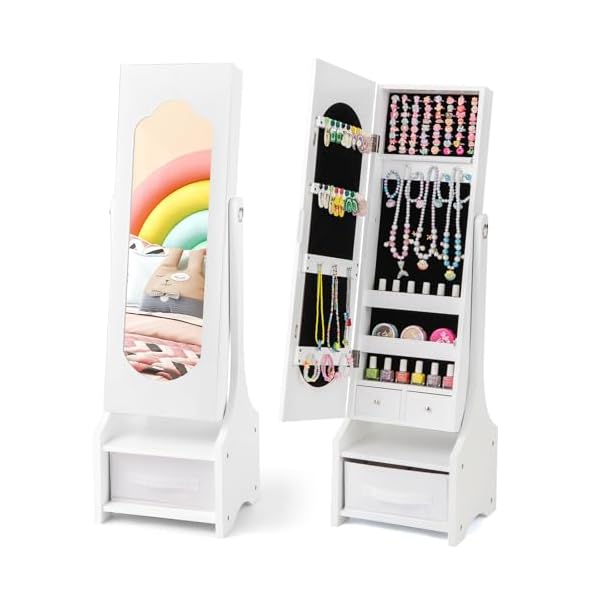   Costzon-Kids-Jewelry-Armoire-Cabinet-415-Standing-Jewelry-Organizer-with-Full-Length-Mirror-3-Storage-Drawers-Kids-Vanity-Dress-Up-Mirror-Jewelry-Cabinet-for-Little-Girls-White