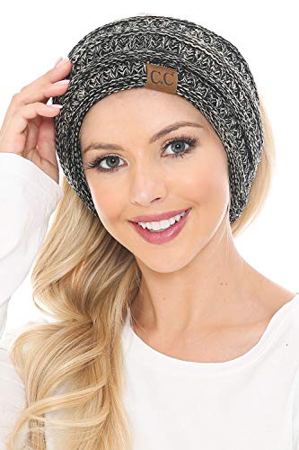 C.C Soft Stretch Winter Warm Cable Knit Fuzzy Lined Ear Warmer Headband, 2 Tone Black/Dark Beige
