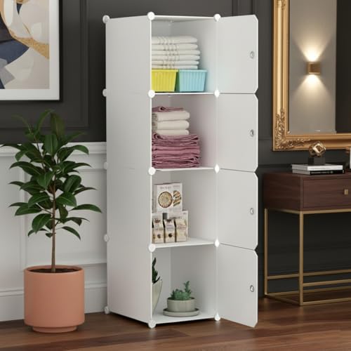 Image of KRISHYAM Kids Modular Storage Cabinet with White Doors, 4 Cube Plastic Wardrobe Organizer, DIY Closet System with Hanging Rod, Toy & Clothes Storage (White, 4 Box)