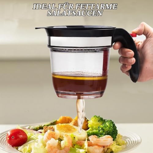 Foto von Fettabscheider 1000ml mit Knopfdruck Auslass,Doppelfiltrations Fetttrenner,Effizienter Fetttrennkanne,Suppenölabscheider,Transparent Öl Fett Trennkanne für gesündere Soßen,Brühen & Suppen