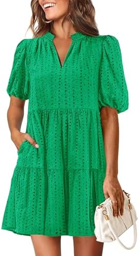 KIRUNDO Eyelet Summer Dresses for Women 2025 Mini Casual Hollow Out Short Sleeve Lace Tiered V Neck Shift Dress Pockets