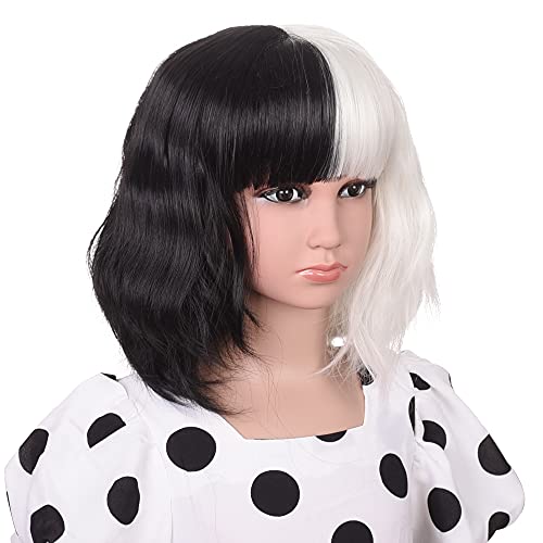 Amzcos Black And White Wig For 3+ Years Kids Cosplay Costume Short Wavy Bob Synthetic Wigs With Bangs For Boys Girls Halloween Party (Black And White) #TOP2