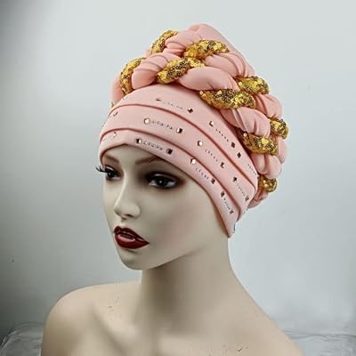 Cobric Muslim Hijab Headscarf Big Sequin Braid Head Wrap Turban Cap Hat for Women Headwrap African Turban Hats Color 690