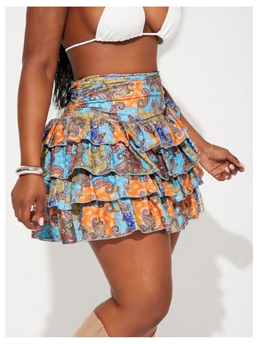 WDIRARA Women's Plus Size Boho Paisley Layered Ruffle Skirts High Waisted A Line Short Skirts3