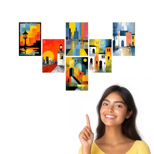 Image of SiddArtify Abstract Cityscape Wall Art Prints Set - Modern Architectural Poster Decor for Living Room Office - Set of 2-4x6 Inch - Board (Pack of 6) - Sticker (Pack of 6)