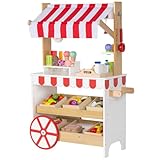 OHKIDS Ice Cream Cart Playset, 2 in 1 Wooden Grocery Store with Display Shelves, Large Wheels, Toddlers Pretend Play Food Truck, Kids Ice Cream Stand, Gift for Boys Girls Age 3+