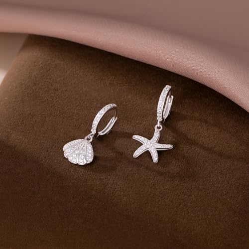 SLUYNZ 925 Sterling Silver CZ Seashell Hoop Earrings for Women Teens Starfish Huggie Earrings Dangle Beach Earrings2