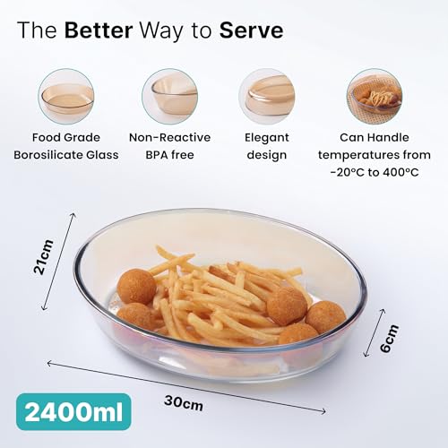 Image of The Better Home Zeno Oval (2.4 L) Borosilicate Glass Baking Tray For Microwave Oven | Baking Dish | Baking Pan | Bake & Serve Dish | Bakeware | Glass Bowl For Microwave | Dishwasher Safe (Iridescent)