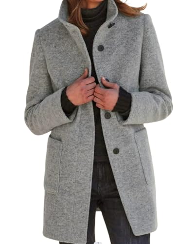 Image of BIVENANT Women Long Pea Coats Oversized Stand Collar Mid-Long Single Breasted Thicken Peacoat Light Grey Jacket with Pockets