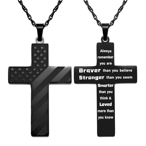 Kvekstio American Flag Cross Necklace for Boys Men, Inspirational Bible Verse Quote Religious Patriotic Jewelry Gift