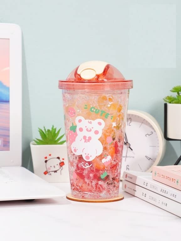 Double Wall Cartoon Printed Sipper with Straw,Jelly Freezer Water Sipper for Kids, Acrylic Sipper Bottle with Straw - 450 ML (D - Pink)(BB 9018)-image-10