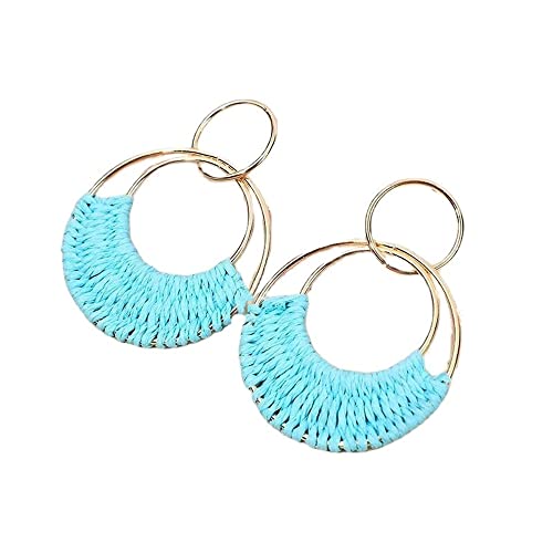 Rattan Earrings Boho Summer Hand Woven Round Rattan Plaited Hoop Dangle Earrings For Women Girls Bohemian Lightweight Raffia Braid Straw Wicker Round Drop Earrings Jewelry Gifts-Light Blue #TOP17