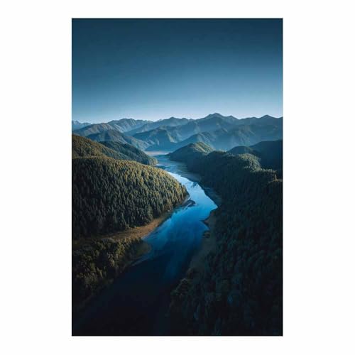 Cuadro en lienzo modernos paisajes de montañas y ríos, decoración mural azul 40x60cm