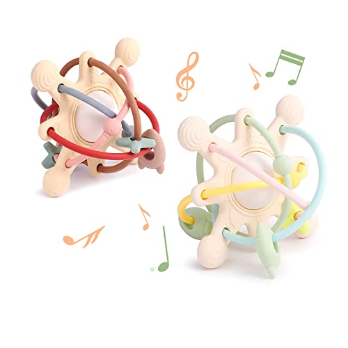 Image of 2 Pack Teething Toys for Babies 0-6-12-36 Months,Soft Silicone Montessori Toys for Baby Toys 6 to 12 Months,Baby Chew Toys Baby Rattle Teether Toddlers Sensory Toys Baby Girl Boy Gifts