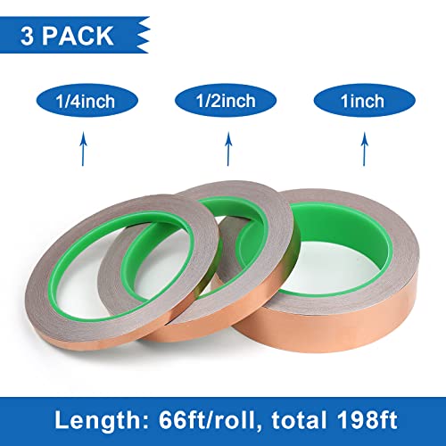 Image of BOMEI PACK Copper Foil Tape 3 Pack (1.97mil x 1inch 1 /2inch 1 /4inch x 66ft) with Conductive Adhesive for Electrical Repairs, Guitar, Stained Glass, Paper Circuits