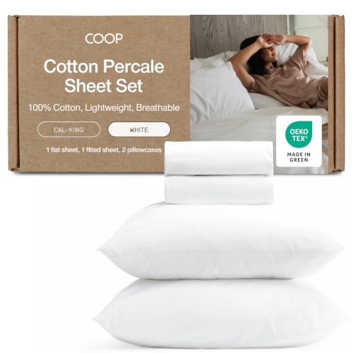 Image of Coop Home Goods Cotton Percale Bed Sheet Set Cal King, White, Crisp 100% Cotton Sheets for Hot Sleepers, Breathable Deep Pocket Queen Sheets and Pillowcase Set, Oeko-TEX Certified