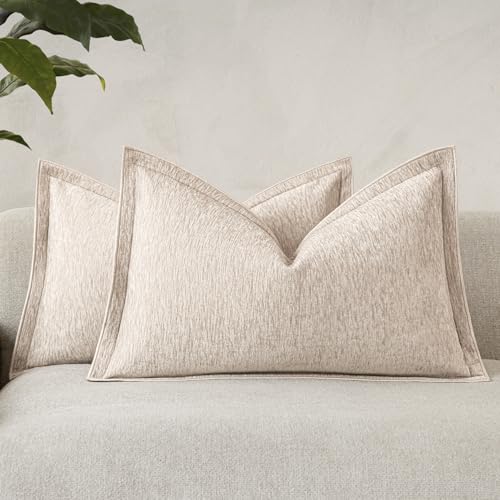 vivrudil Decorative Chenille Luxury Throw Pillow Covers with Wide Edge, Textured Lumbar Pillowcases, Soft Velvet Cushion Cover Home Décor for Couch Sofa Chair Living,12×20 Inch, Set of 2, Light Beige