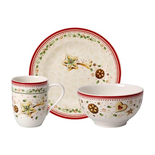 Villeroy & Boch Winter Bakery Delight Frühstücks-Set 3-teilig | Kaffeebecher, Müslischale und Frühstücksteller | Weihnachtliches Geschirr-Set | Premium Porzellan