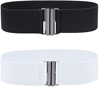Thboxes 2 Pcs Womens Wide Elastic Belts, Retro Elasticated Wide Nurse Belt Stretch Waist Belts with Hook Buckle for Dress Jumpsuit Shirt (Black, White)