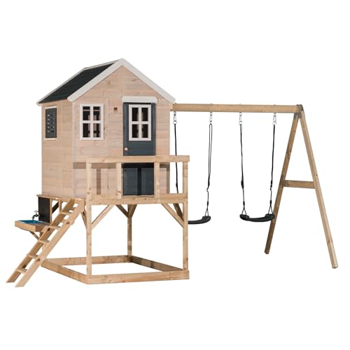 Wendi Toys M27G-K Stelzenhaus mit Doppelschaukel & Spielküche – Spielhaus Holz-FSC Kinder Outdoor 192×405×242 cm – Kletterturm mit Sandkasten & Plattform 90 cm, Grau