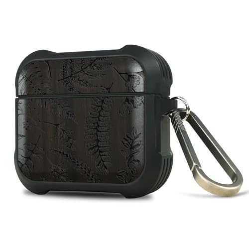 Carveit Case per AirPods 4 (2024) generazione Custodia di ricarica, Unico Cover in Legno compatibile con AirPods di 4a Gen (USB-C) con titanio Moschettone (Legno nero-Felce in stile vintage)