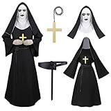 Oumbivil The Nun 2 Costume Adult Scary Nun Outfit Priest Halloween Costumes Medieval Mother Sister Valak Movie Cosplay with Deluxe Accessories Full Head Latex Mask Necklace Headscarf Belt OU069XL