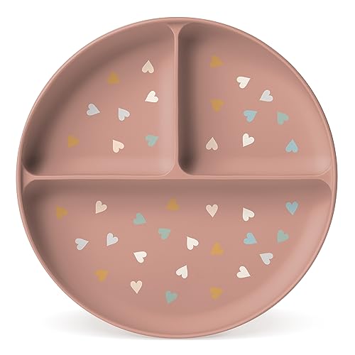 Image of Simple Modern Silicone Plate for Baby and Toddler | Divided and Microwave Safe Plates for Kids | Parker Collection | Hearts on Pink