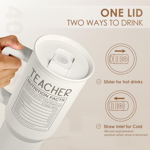 Image of SANDJEST Teacher Appreciation Gift - 40oz Stainless Steel Insulated Tumbler with Handle and Straw - Teacher Nutrition Facts Travel Coffee Mug Cup for Women Back to School Birthday Christmas
