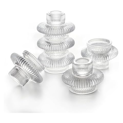 Glass Candlestick Holders Set of 6 for Tapered and Tealight Candles, Dual Sided, Stackable, Durable for Boho Wedding, Party, Holiday Decor (Transparent) Cover