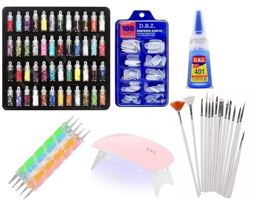 D.B.Z.® Nail Art Kit – 48 Pcs Glass Bottles Glitter Stones, 100 Nails, Nail UV Lamp, 15 Nail Art brush, 5 Nail Dotting Pen with 1 Glue
