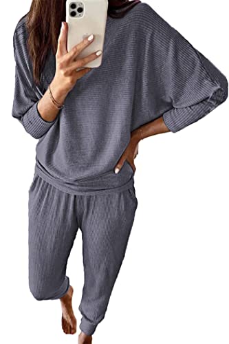 Prettygarden Women's 2023 Fall Fashion Outfits 2 Piece Sweatsuit Solid Color Long Sleeve Pullover Long Pants (Grey Blue,Medium) #TOP11