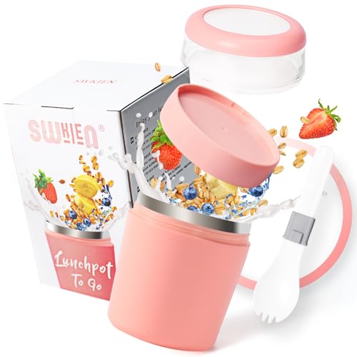 Produktfoto von Swkien MüSlibecher to go,isolierter Edelstahl Jogurtbecher für Unterwegs mit löffel, Auslaufsicherer Joghurt&hellip;