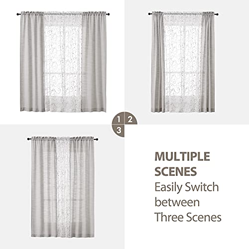Aufenlly 2 Embroidery Floral Semi Sheer Curtains And 2 Burlap Privacy Curtains For Window Curtain Panels Set Of 4 Curtains For Living Room Curtains 84 Inches Long (Light Grey, W27.5Xl84 Inch Each) #TOP3