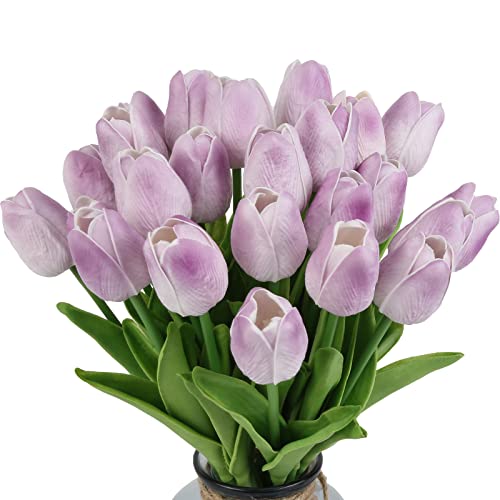 IPOPU Real Touch Purple Tulips 24PCS Artificial Flowers for Decoraion Fake Tulips Light Purple Flowers Floral Arrangements Artificial Faux Tulip Decor for Table Home Kitchen Decor (Light Purple)