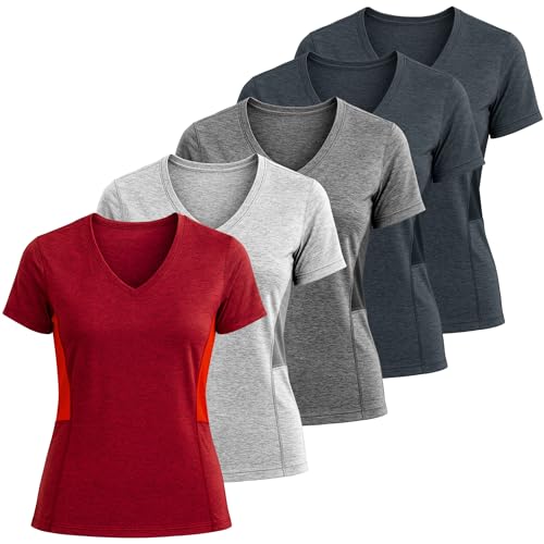 Lati Fashion 5 Pack Dry Fit Shirts for Women Workout Tops Short Sleeve V Neck Womens T Shirts for Yoga Running Pilates S-3X (US, Alpha, Large, Regular, Regular, Set5)