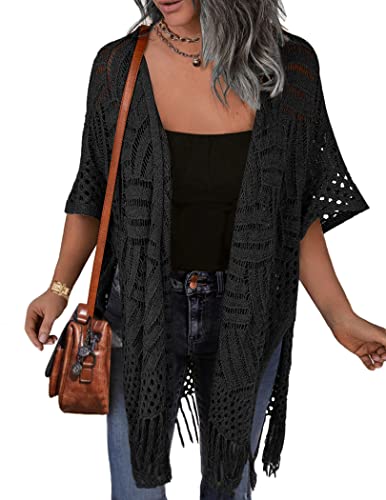 Image of HOTOUCH Womens Knit Cardigan Open Front Outwear Hollow Out Crochet Tassel Lightweight Kimonos Sweater S-XXL