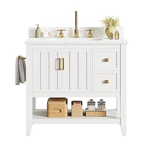 IRONCK 30″ Bathroom Vanity with Sink, Bathroom Cabinet with 2 Drawers & Open Shelf for Guest Baths Master Suites or Rental Units, Industrial White