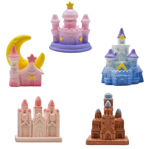 Pinenjoy 5Pcs Miniature Dreamy Castle Figurines Mini Fairy Tale House Figures Resin Fantasy Cake Toppers for DIY Fairy Garden Micro Landscape Desktop Decors